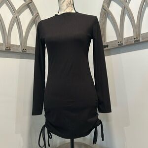 Shein Ruched Dress Bodycon Black Textured Crew Neck Stretchy Size Medium